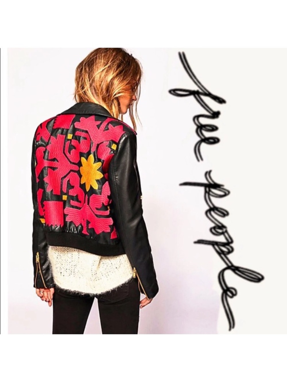 FLAWS Free People Embroidered Vegan Faux Leather Moto Jacket Size Small